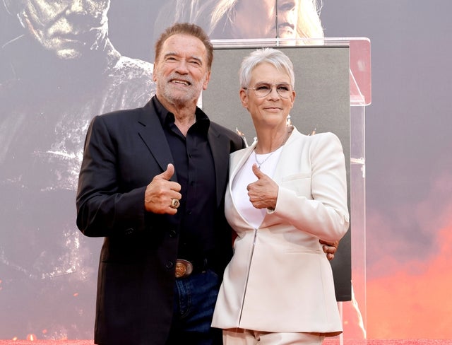 Arnold Schwarzenegger reunited with his True Lies onscreen wife, Jamie Lee Curtis, at her hand and footprint ceremony at TCL Chinese Theatre on Oct. 12, 2022 in Hollywood, California.