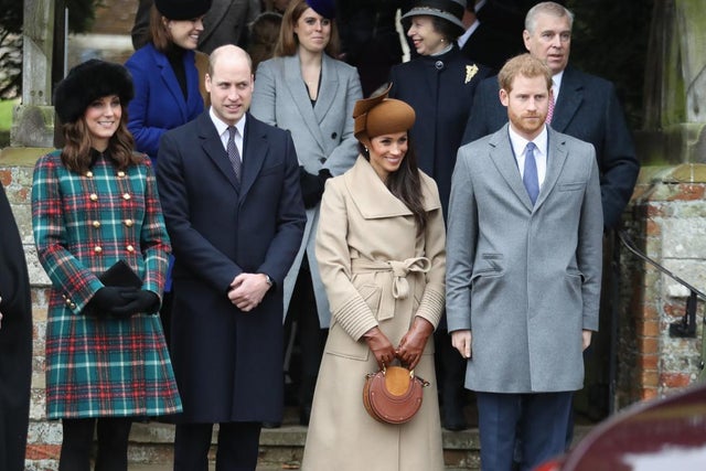 Princess Beatrice, Princess Eugenie, Princess Anne, Princess Royal, Prince Andrew, Duke of York, Prince William, Duke of Cambridge, Catherine, Duchess of Cambridge, Meghan Markle and Prince Harry attend Christmas Day Church service